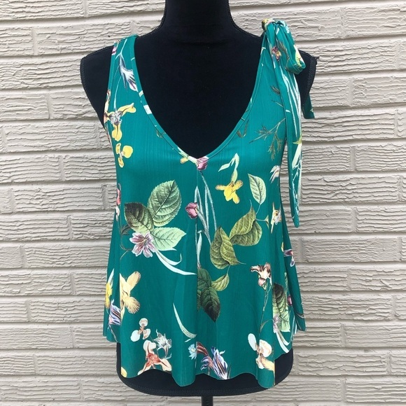 MNG Suit Green Tropical Floral Sleeveless Blouse Size XS - Picture 1 of 6